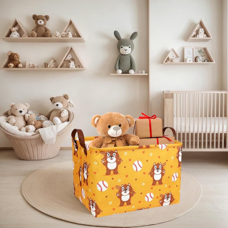 SETAMA Kid Cute Storage Basket Baby Gift Basket Collapsible Rectangle Canvas Storage Bin for Nursery Playroom Bedroom Decor Organizer (Cartoon Bear Baseball) - Image 3